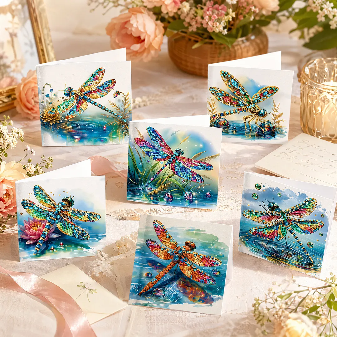 6pcs Dragonfly DIY Diamond Painting Greeting Card Kits with Envelopes Diamond Art Greeting Cards Diamond Art Cards Kits for Adults DIY Crafts Family Friend Gifts