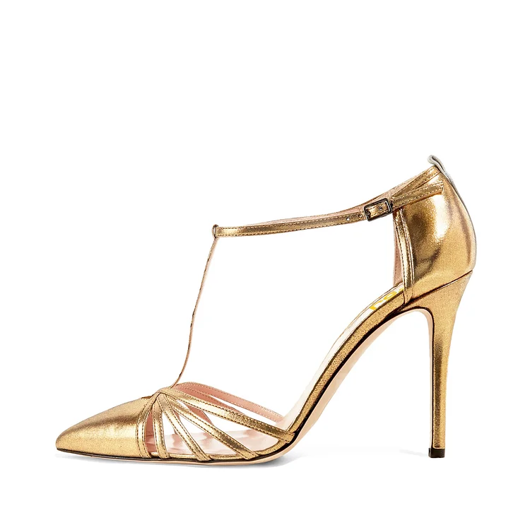 Women's Golden Pointy Toe Formal T-Strap Stiletto  Heels Pumps Sandals |FSJ Shoes