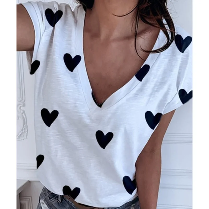 Heart Print Women Shirt Blouse Plus Size 2020 Casual Summer Short Sleeve Loose Shirt Ladies Streetwear Tops Blusa Clothing