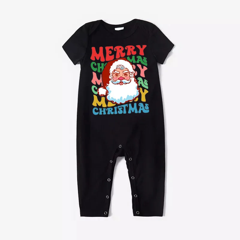 Colorful "Merry Christmas" and Santa Claus Print Black Short Sleeve with Red & Black Plaid Pant Family Matching Pajamas