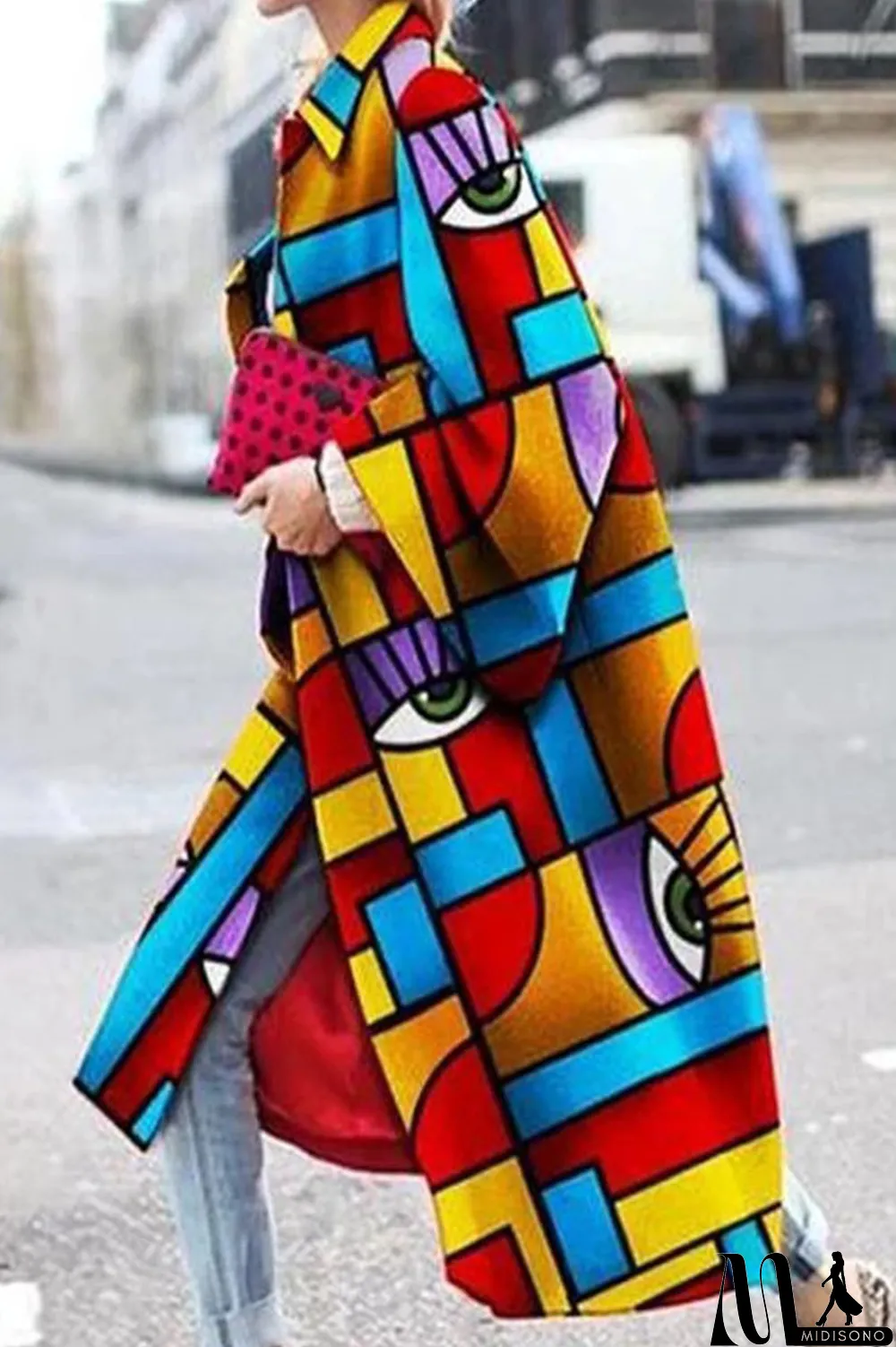 MidiSono - Yellow Blue Street Camouflage Print Patchwork Turndown Collar Outerwear