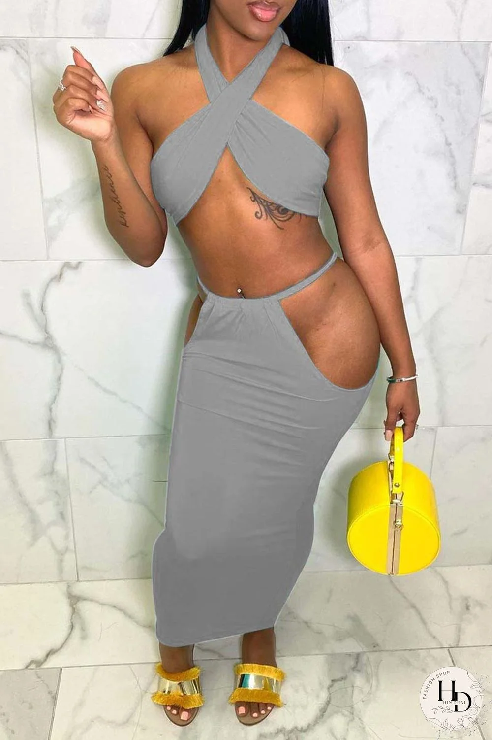 Grey Sexy Solid Hollowed Out Backless Halter Sleeveless Two Pieces