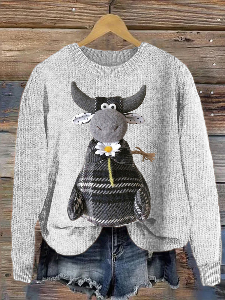 Flower Muppet Cow Print Crew Neck Sweater wearshes