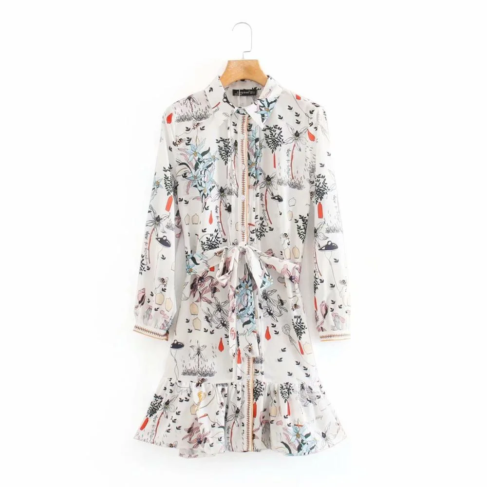 2020 women fashion flower print bow sashes shirt dress chic female long sleeve hem ruffles vestidos casual button dresses DS3823