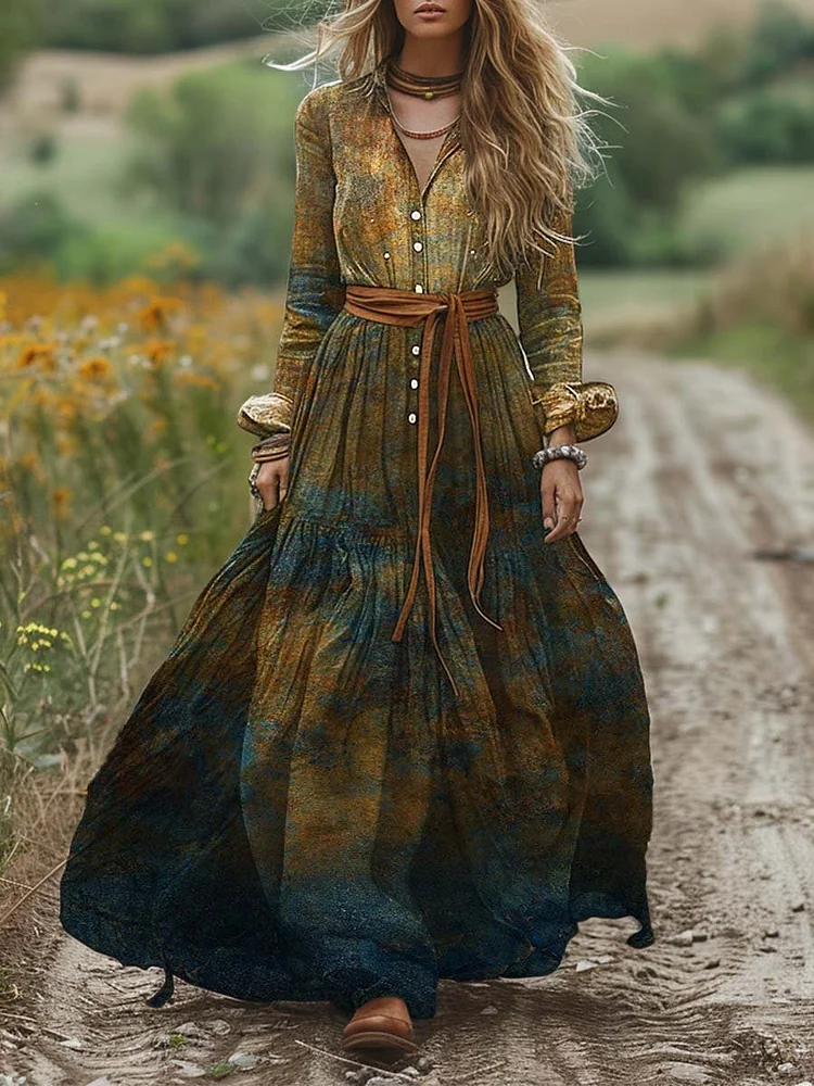 Women's Vintage Shirt Collar Long Sleeve Dress Tie Dye Print Pocket A-Line Dress