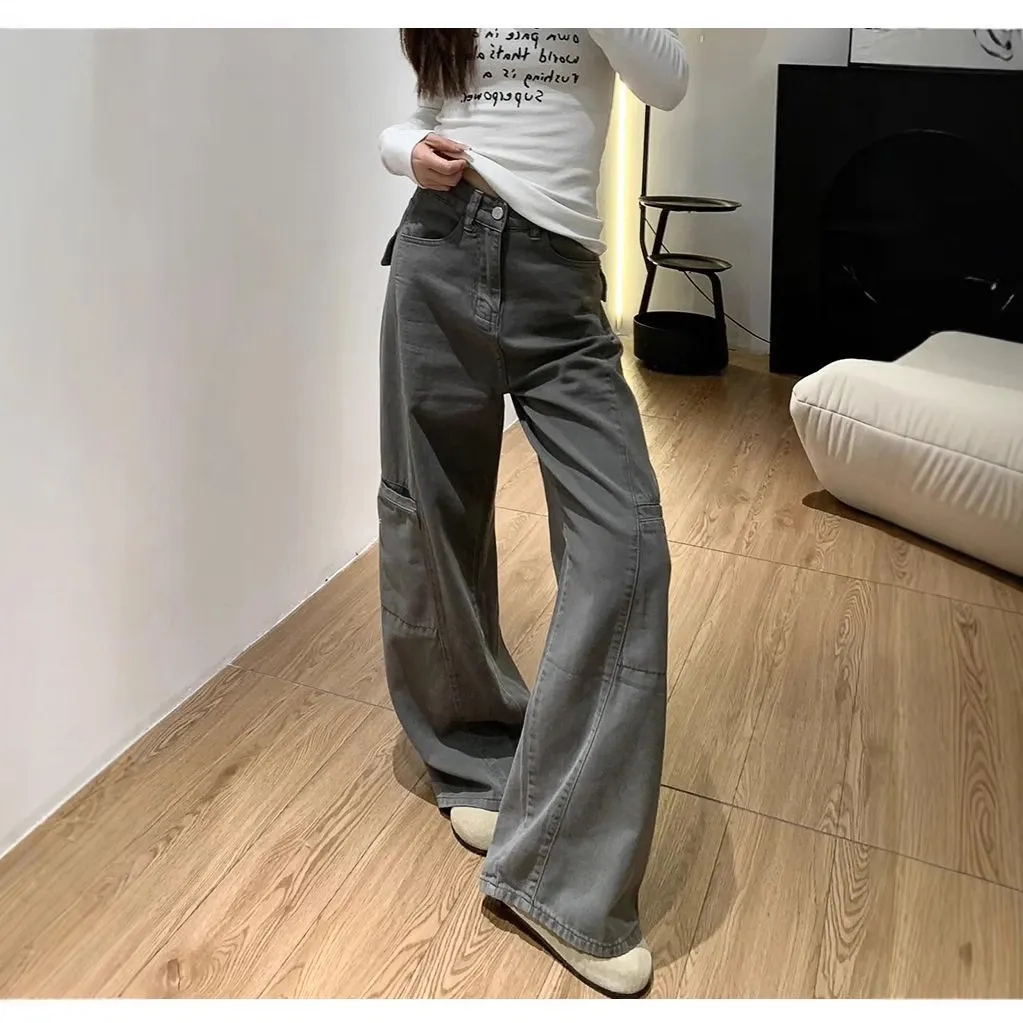Women's Dark Grey Washed Oversized Side Patch Pocket Baggy Cargo Wide Leg Denim Trousers