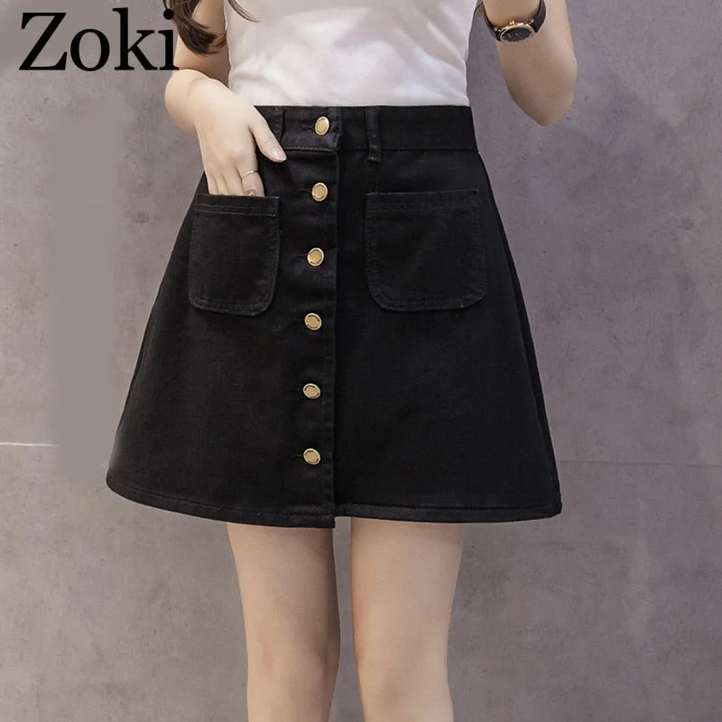 Zoki Vintage Women Denim Mini Skirt Summer High Waist A-line Korean Single Button Female Jeans Harajuku Cotton Street Wear 2020