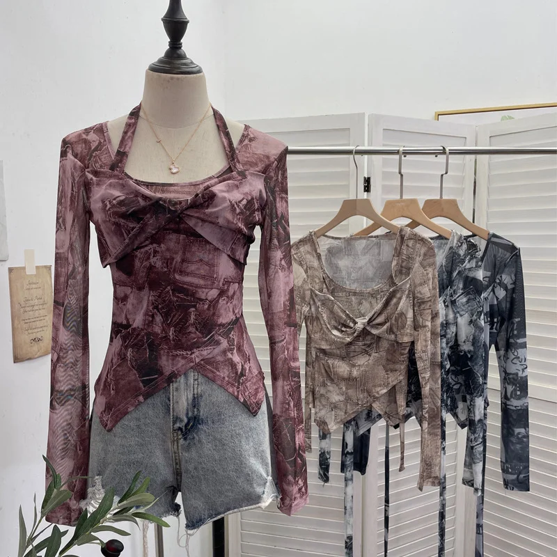 Nigikala Nigikala Special To The Net Yarn Design Sense Hanging Neck Top Cross Folded Repair Short T-Shirt 1178