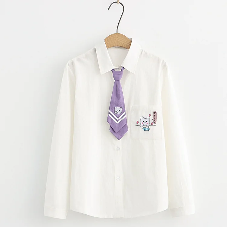 Cartoon Embroidery Tie Shirt Colorblock Hooded Coat Denim Pants Three Pieces - Modakawa modakawa