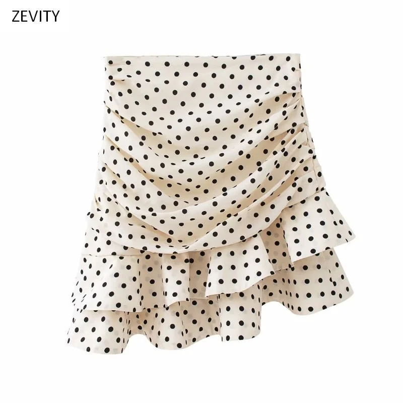 Women fashion polka dot print pleated asymmetrical skirt faldas mujer ladies back zipper vestidos chic ruffles skirts QUN379