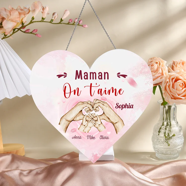 À Maman/Mamie - Veilleuse Cœur Décoration Mains et Enfants 4 Prénoms Personnalisés avec Texte Jessemade FR