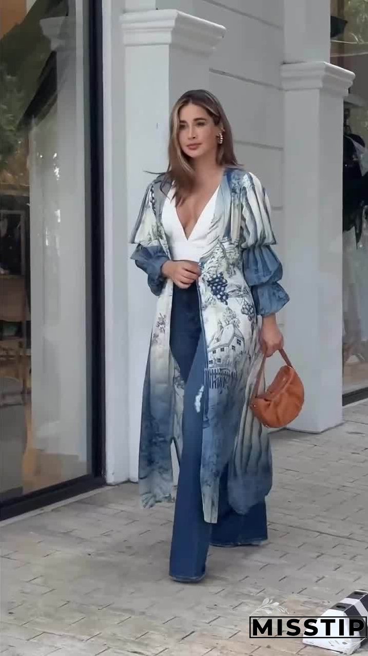 Women's Elegant Fashion Casual Vacation Style Pile Sleeve Denim Suit Pants