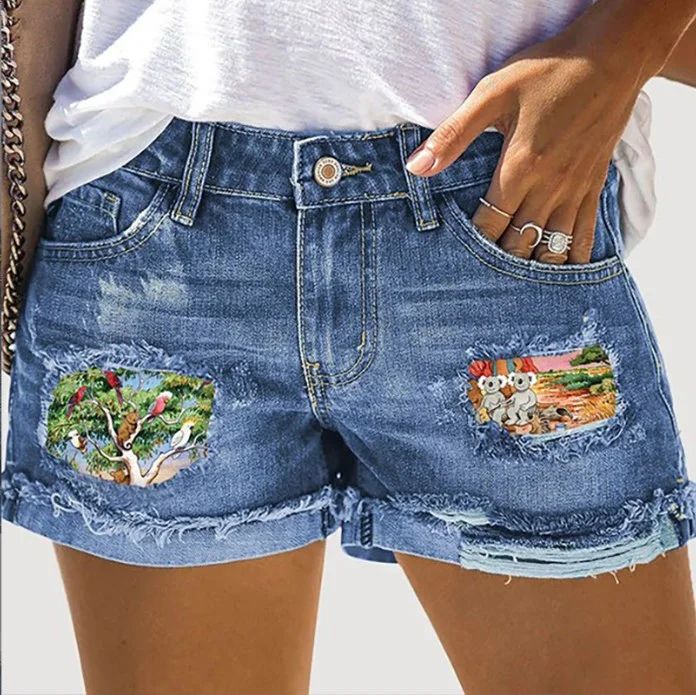 Printed Cuffed Ripped Denim Shorts