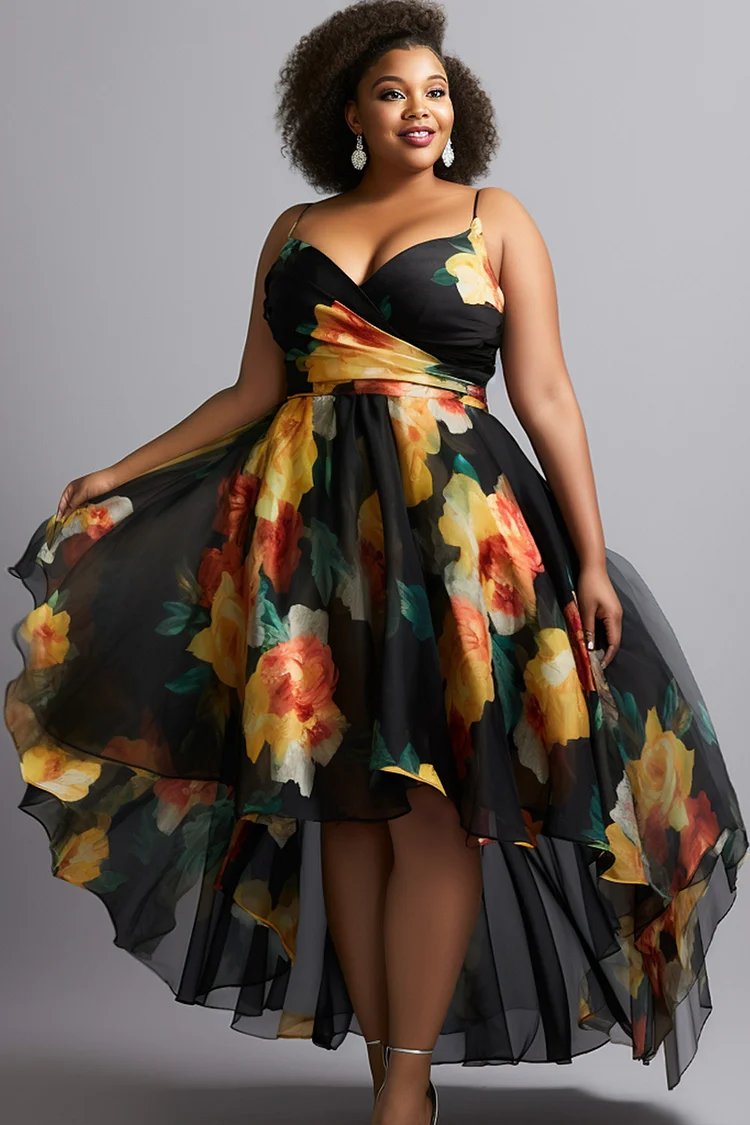 Xpluswear Design Plus Size Vacation Elegant Black Floral Asymmetric Hem Tulle Maxi Dresses [Pre-Order]