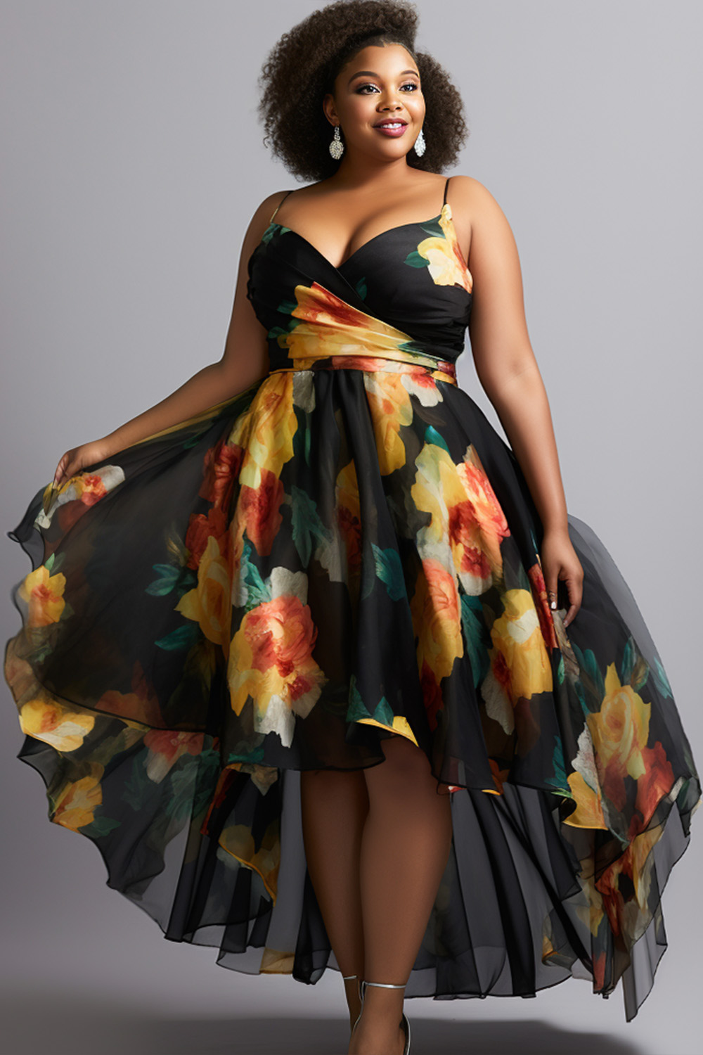 Design Plus Size Vacation Elegant Black Floral Asymmetric Hem Tulle Maxi Dresses [Pre-Order]