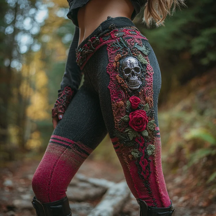 Women's Vintage Sugar Skull And Rose Pattern Comfortable Leggings