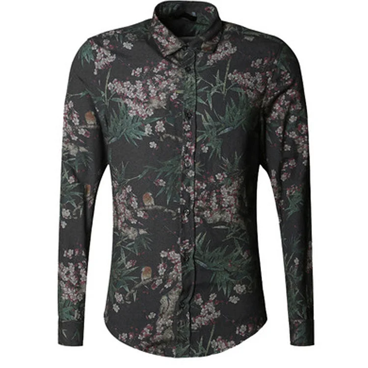 Men Casual Jacket Slim Coat Pattern Shirt Spring Long Sleeve Printed Shirt Fashion