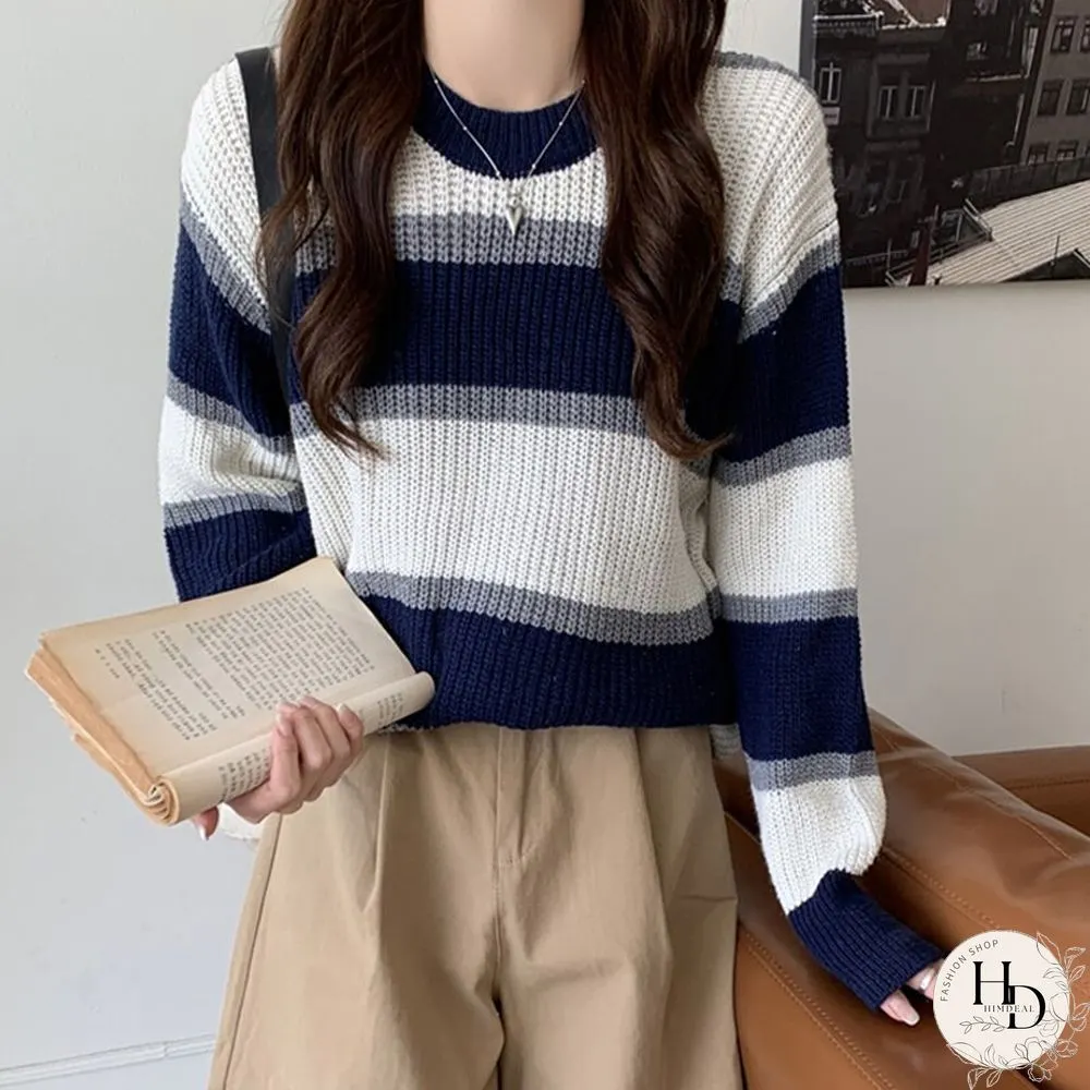 Retro elegant stripe knit sweater women causal loose long sleeves female pullovers Korean