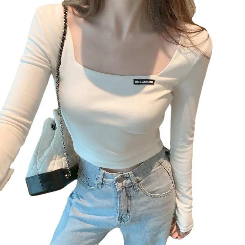 Brownm Brownm Square Collar Embroidered Long-Sleeved T-Shirt Women's Fall 2024 Versatile Slim Short Crop Bottom Shirt Slim Top