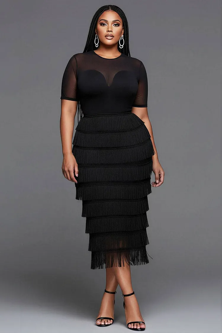 Xpluswear Design Plus Size Cocktail Party Black Round Neck Short Sleeve Strappy See Through Tulle Midi Dresses [Pre-Order] 2024 - Xpluswear