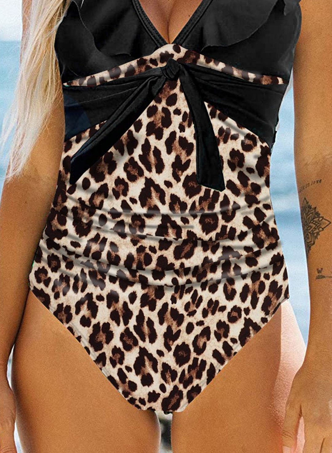 Women S Leopard Color Block Ruffle One Piece Swimsuit V Neck Padded Sleeveless Monokini Bathing Suit