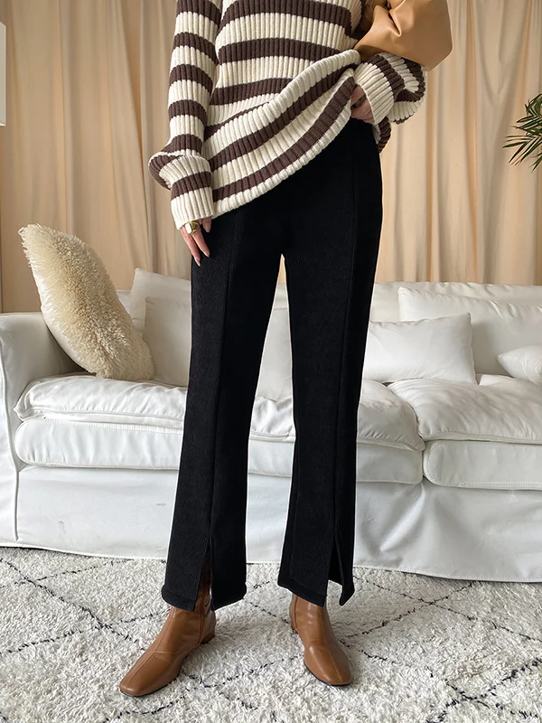 Casual Loose Thread Fleece Split-Front Solid Color Flared Pants