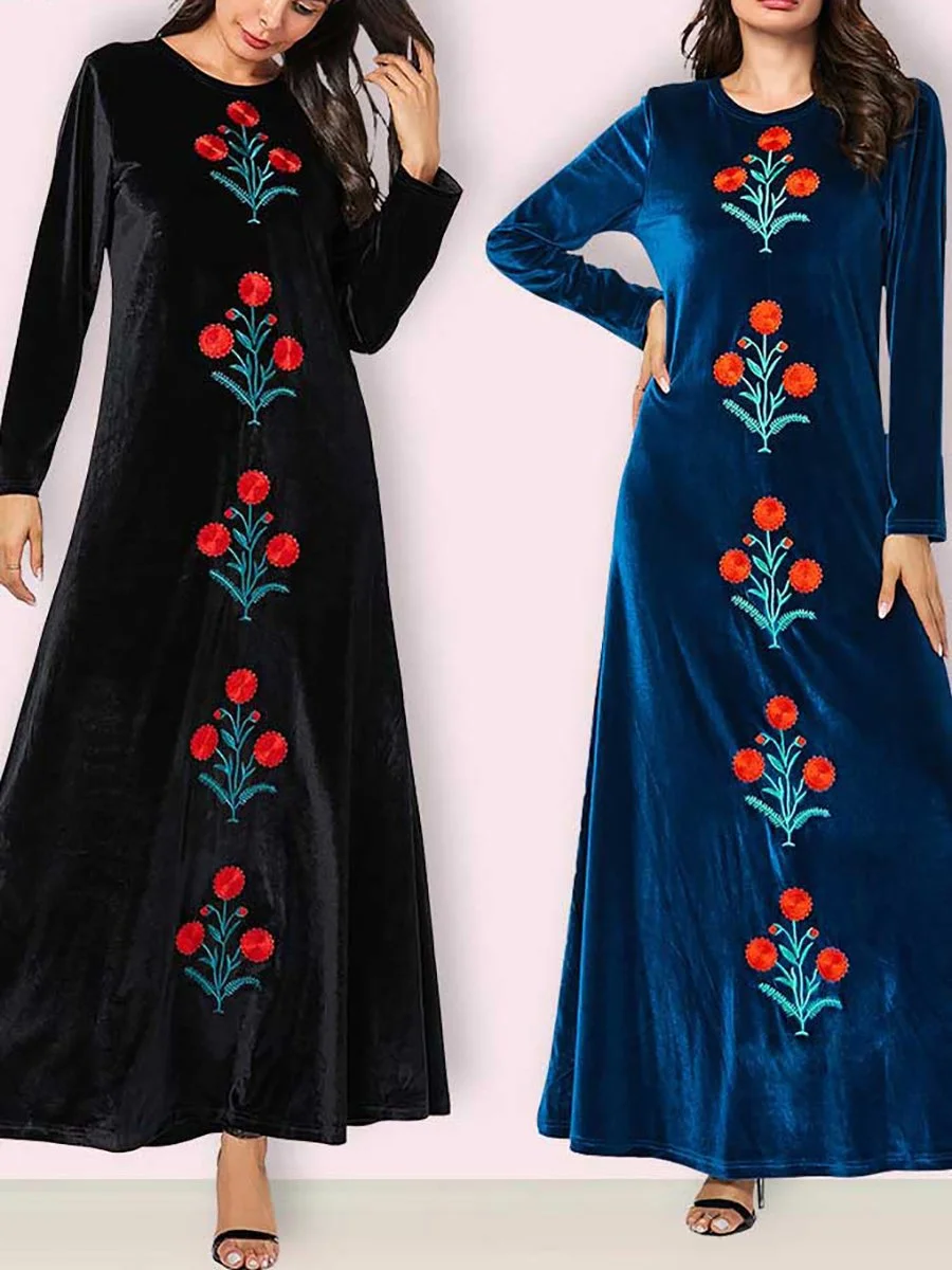 Casual velvet dress with plant embroidery