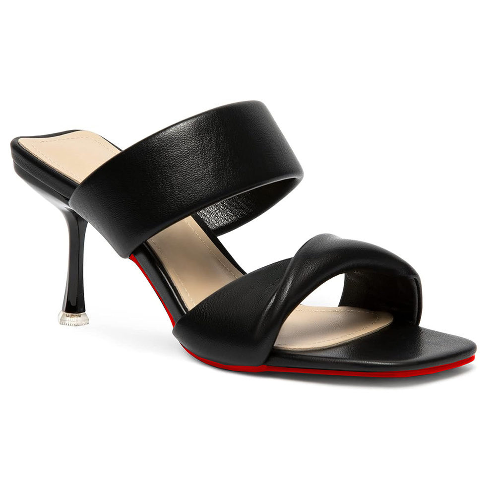 75mm Women's Red Bottom Two Straps Kitten Heeled Slide Sandals Square High Heels Open Toe Shoes -MERUMOTE