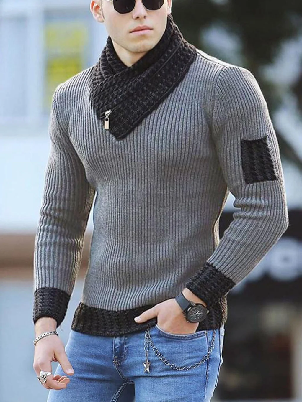 Wongn Wongn Men's Casual Slim Knit Jumper Long Sleeve Scarf Neck Sweater Men's Wear