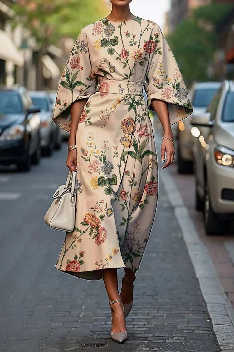 Women's Elegant Vintage Floral Print Midi Dress