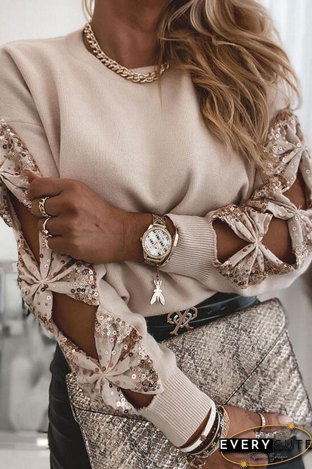 Striking Patchwork Sequins Round Neck Sweater P15517