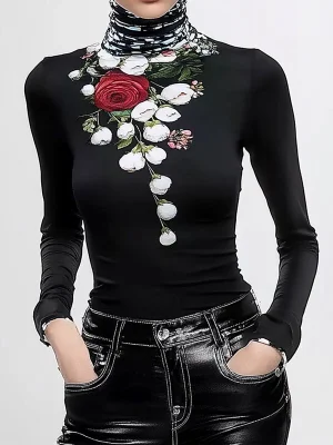 Image of Long Sleeves Skinny Flower Print Split-Joint High Neck T-Shirts Tops