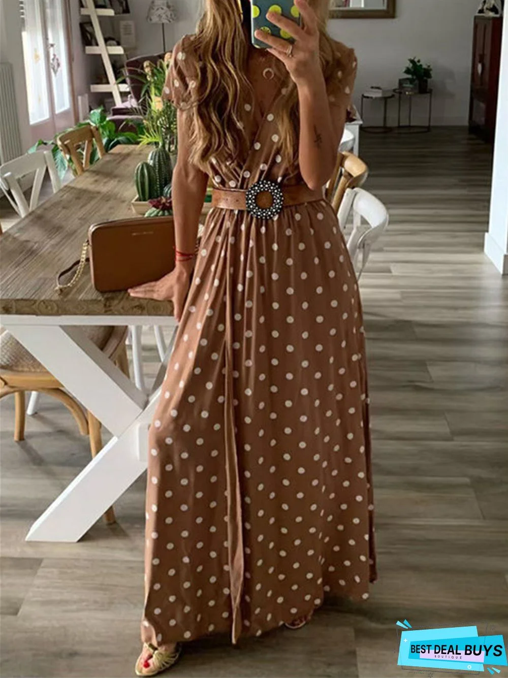 Summer V-Neck Short Sleeve Polka Dot Long Skirt Big Swing Dress