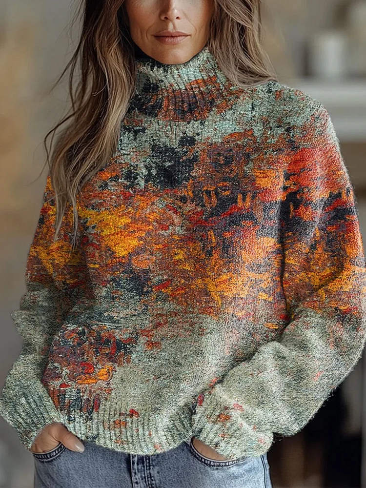 Vintage  Art Print Knit Turtleneck Pullover Sweater