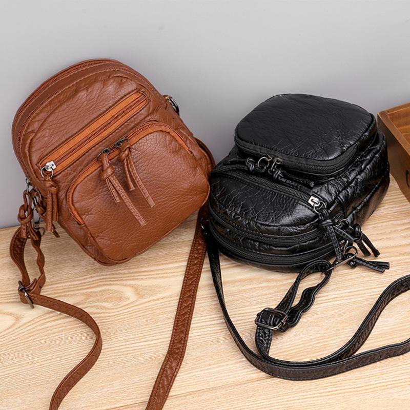 Casual soft leather solid color large capacity shoulder bag
