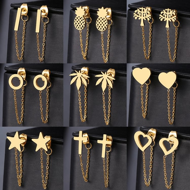 YOY-Geometric Element Stars Heart Fashion Tassel Chain Earrings