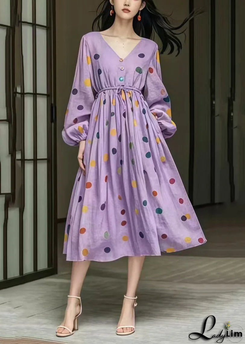 Fine Purple Cinched Print Exra Large Hem Cotton Dress Fall