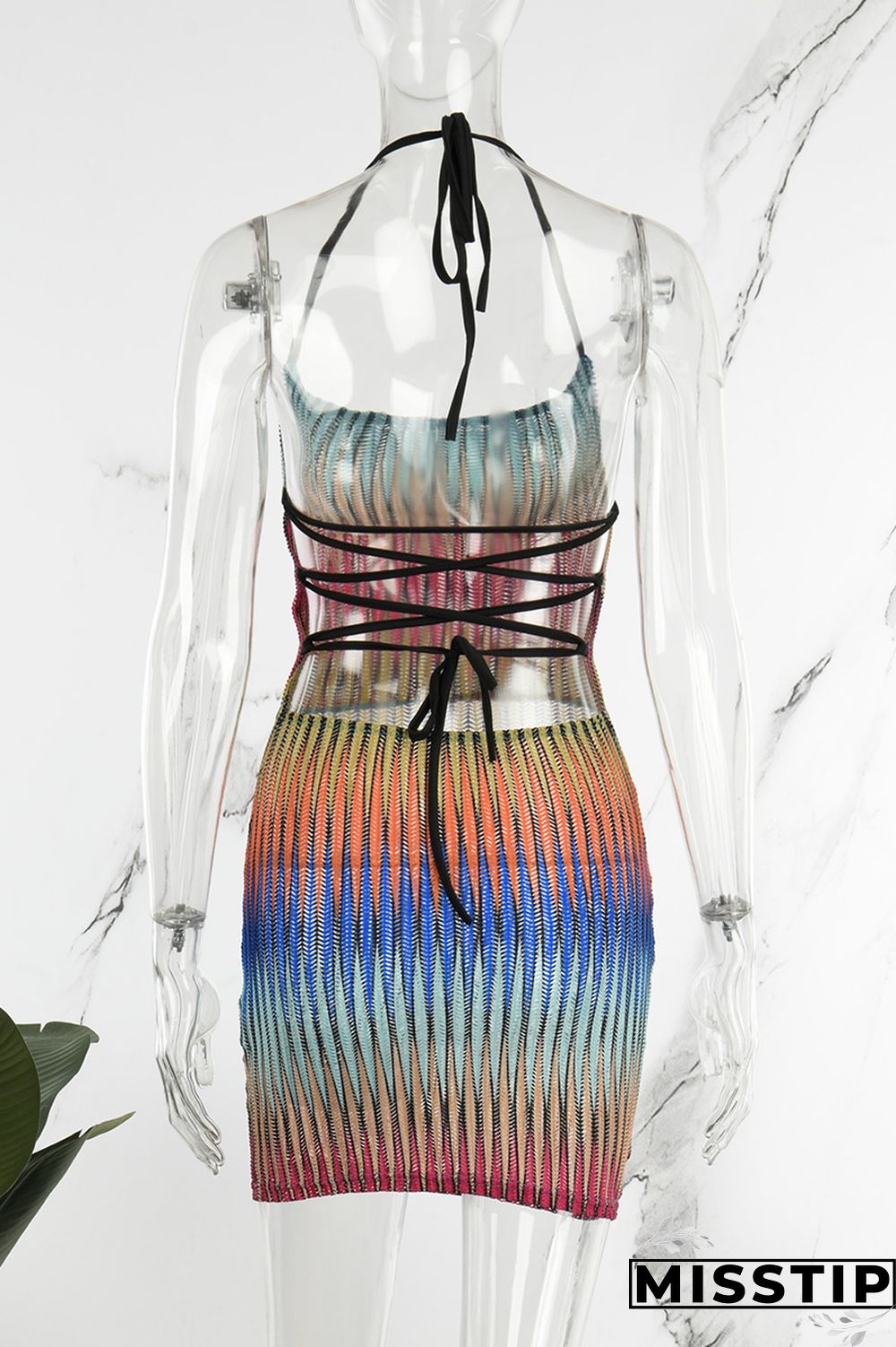 Multicolored Sexy Street Party Gradual Change Geometric Frenulum Halter One Step Skirt
