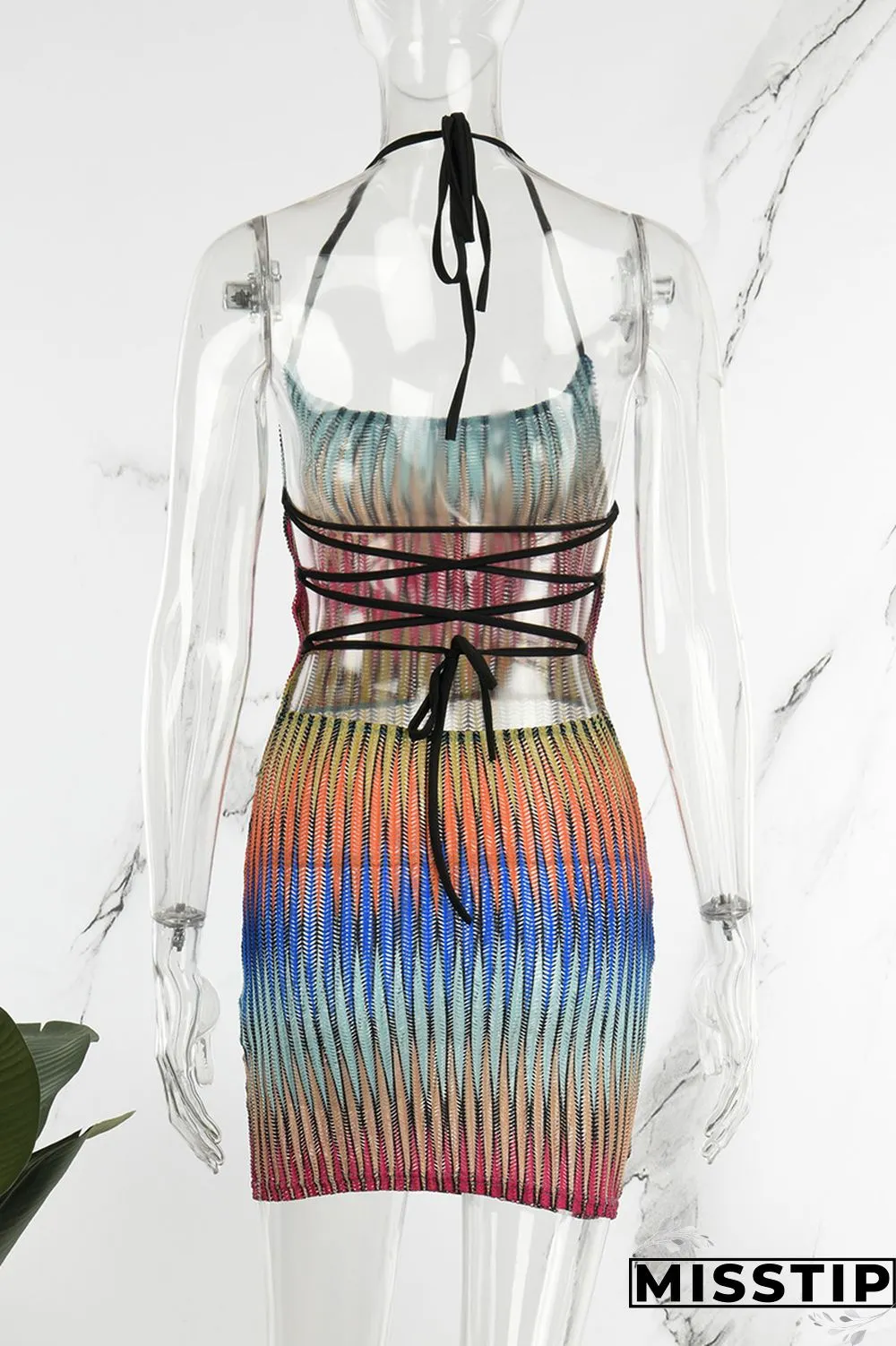 Multicolored Sexy Street Party Gradual Change Geometric Frenulum Halter One Step Skirt