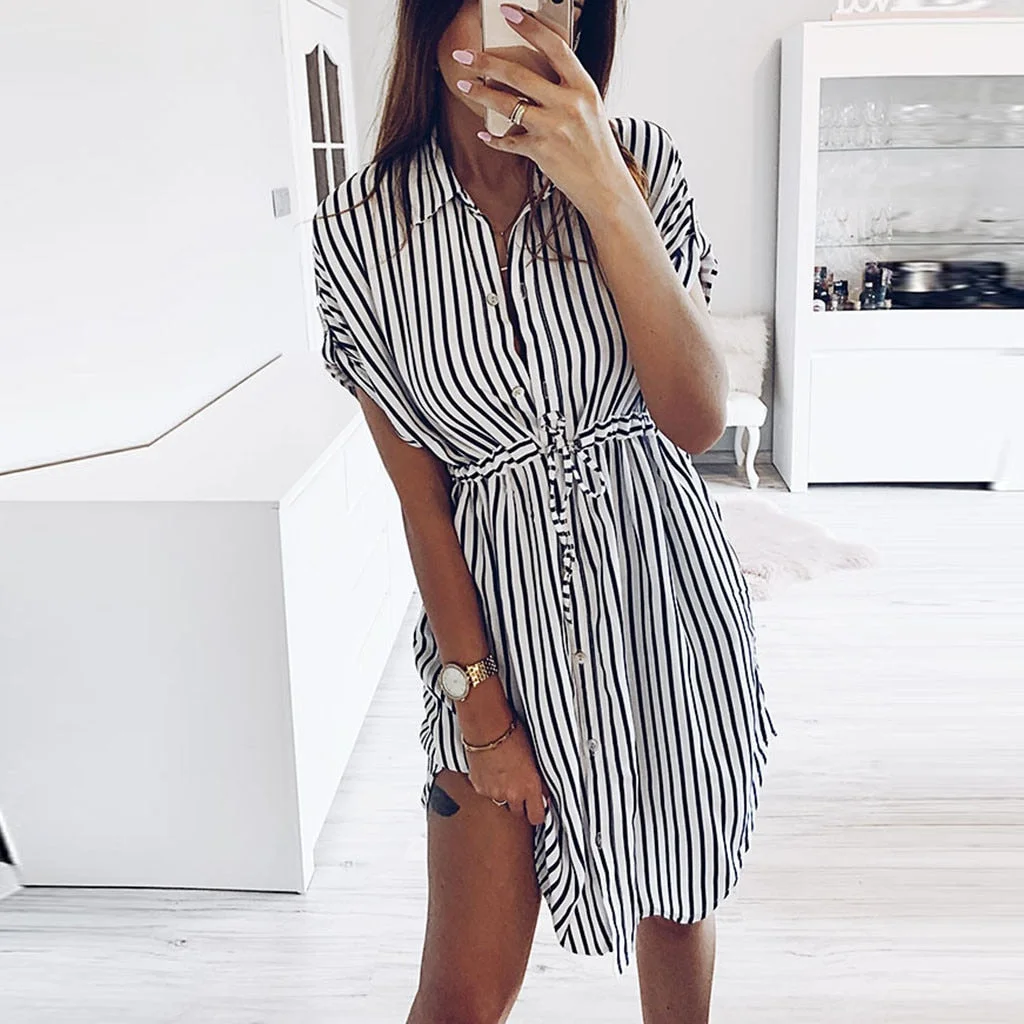 Fashion Striped Bandage Dress Ladies Sexy V-Neck Loose Shirt Dress Sundress Women's Casual Beach Party Dress Vestido de fest