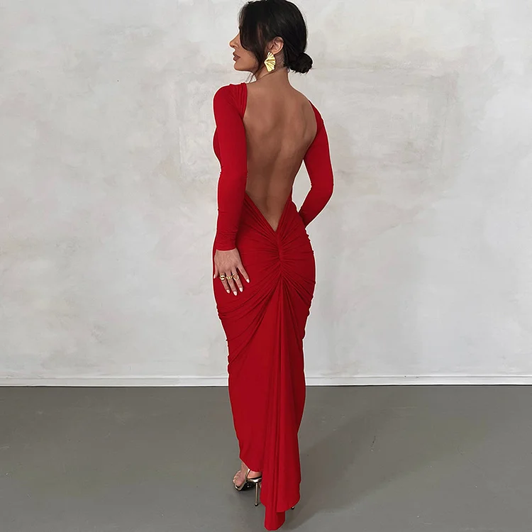 Solid Color Sexy Backless Pleated Long Elegant Slim Dress