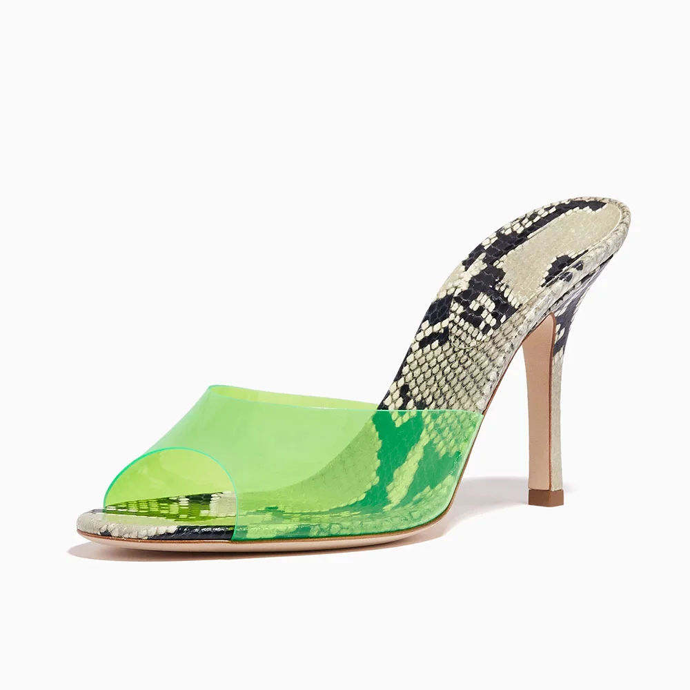 Neon Green PVC Peep Toe Stiletto High Heel Mules Shoes for Women