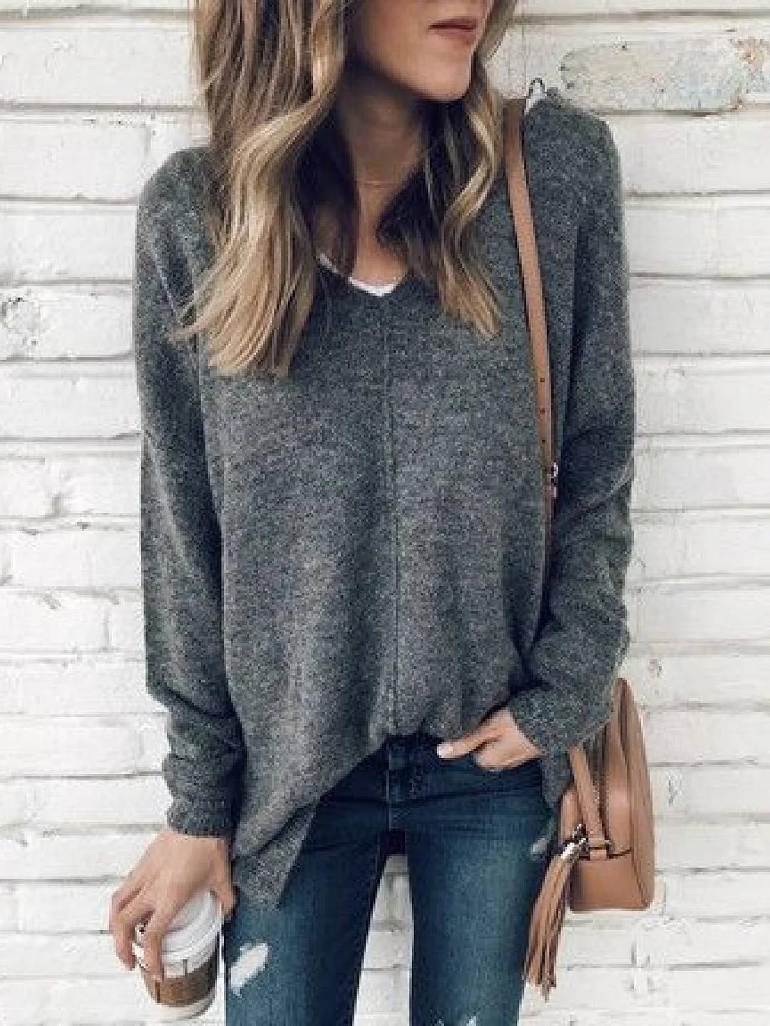 Long Sleeve V Neck Cotton-Blend Sweater | EGEMISS
