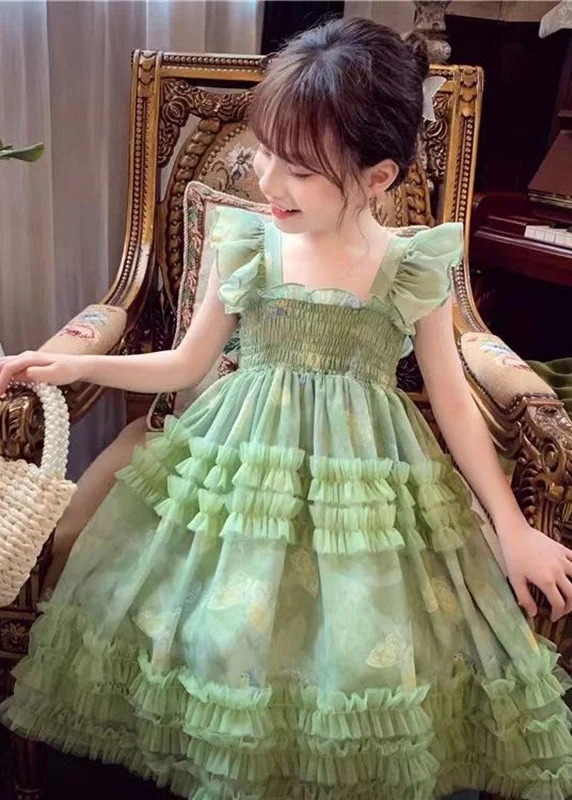 Art Green Square Collar Print Wrinkled Tulle Girls Long Dress Sleeveless