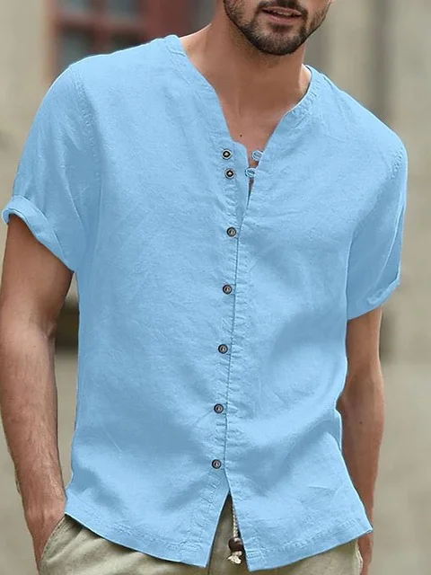 Men's Casual Retro Solid Color V-Neck Short Sleeve Top