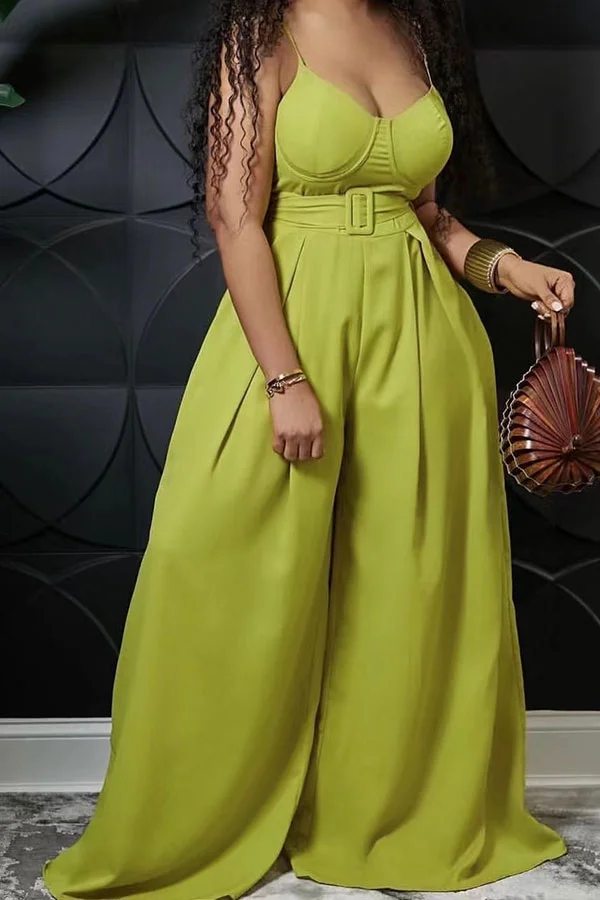 Solid Color Pretty Belted Wide Leg Jumpsuit