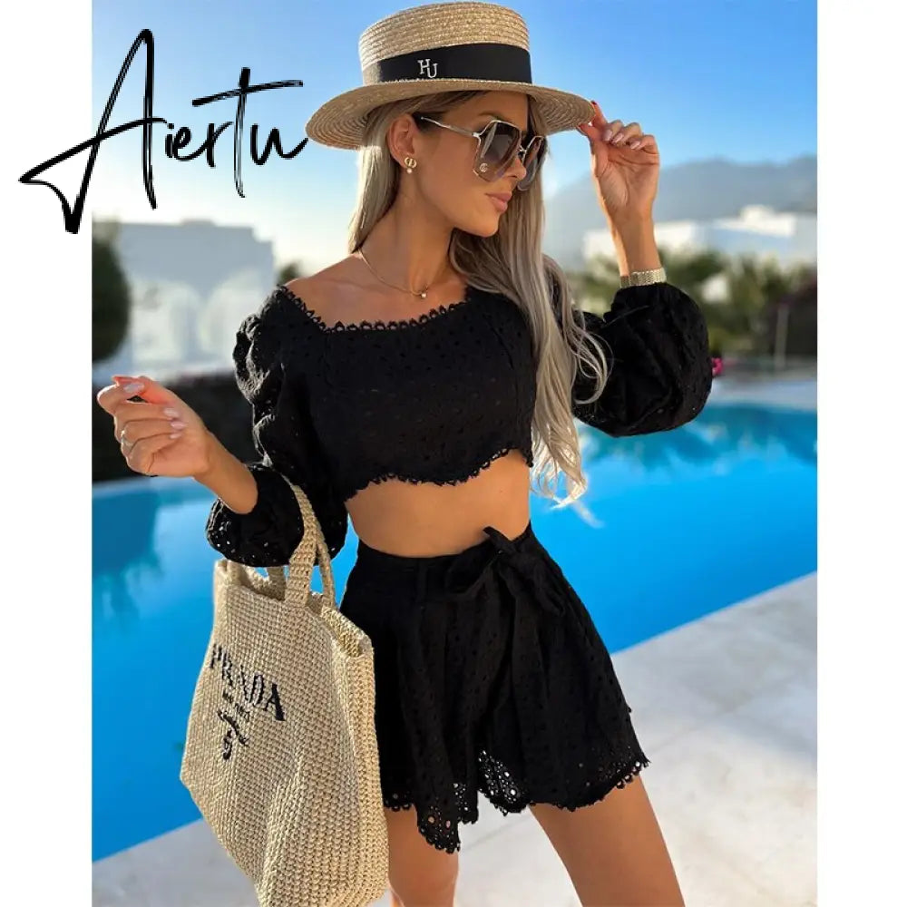 Casual Beach White Lace Shorts Outfits Cotton Set Long Sleeve Wide Leg Belt Summer Crop Tops Shorts Suit Two Piece Matching Set Aiertu
