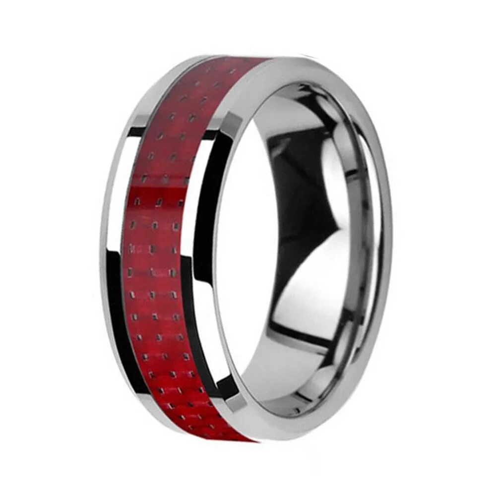 6MM 8MM Red Carbon Fiber Inlay Matching Tungsten Carbide Rings Beveled Edge