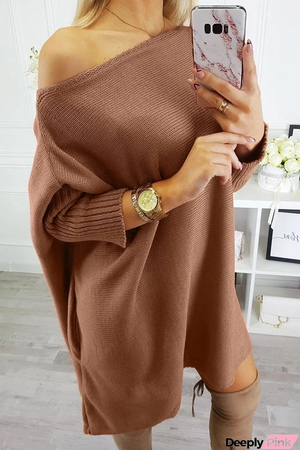 Khaki Oversized Batwing Sleeve Sweater Dress
