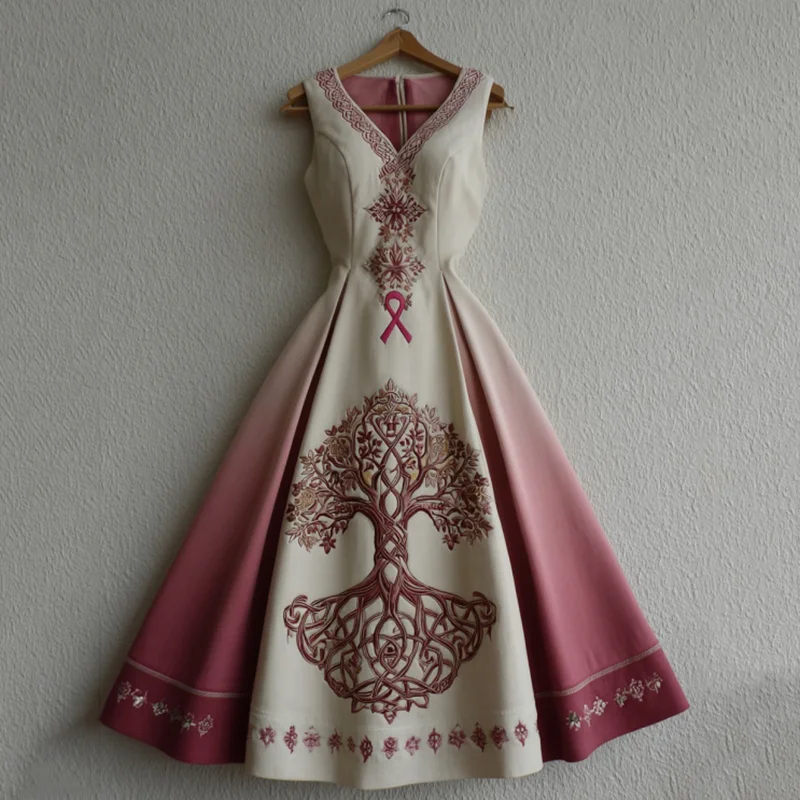 Women's Tree Of Life Pink Ribbon Embroidery V Neck Tank Belt Maxi Dress